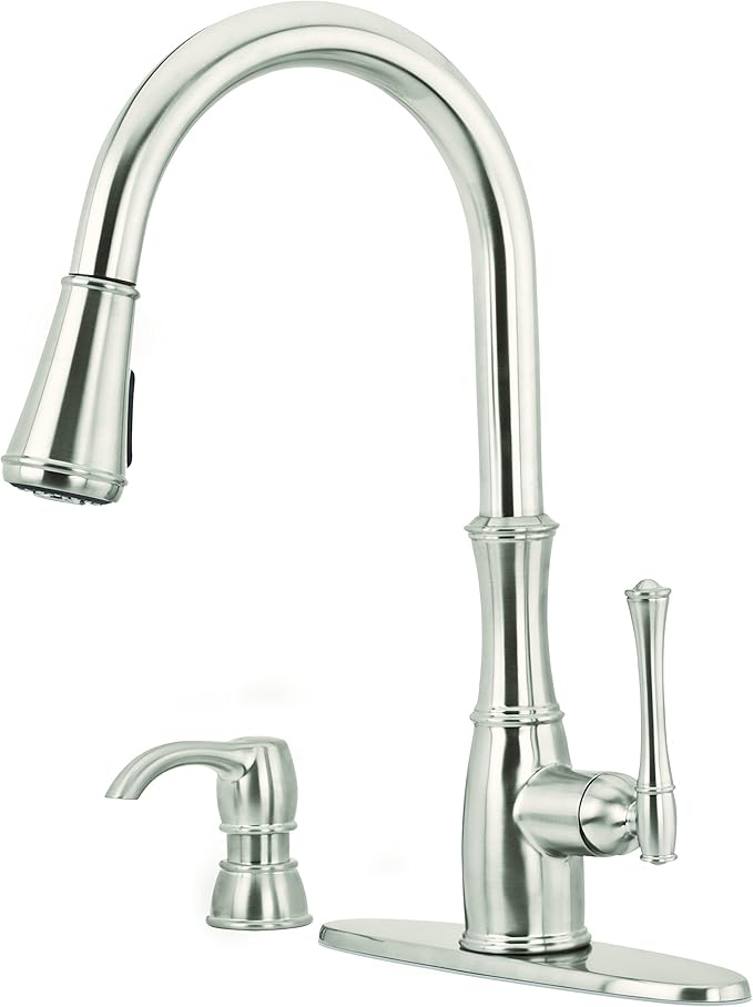 Pfister Wheaton Kitchen Faucet with Pull Down Sprayer and Soap Dispenser, Single Handle, High Arc, Stainless Steel Finish, GT529WH1S