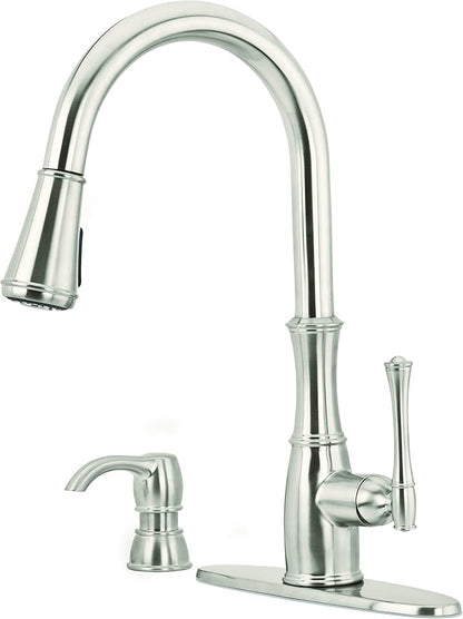 Pfister Wheaton Kitchen Faucet with Pull Down Sprayer and Soap Dispenser, Single Handle, High Arc, Stainless Steel Finish, GT529WH1S