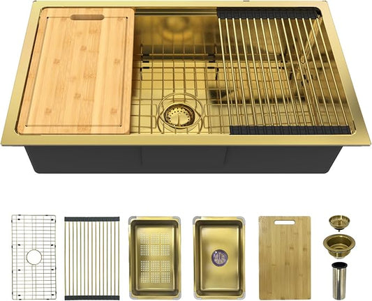 Gold Kitchen Sink Workstation, 32"x 18" Stainless Steel Single Bowl Kitchen Sink Workstation Undermount Or Top mount Workstation Sink With Matching Gold-tone Accessories For Luxurious Modern Kitchen