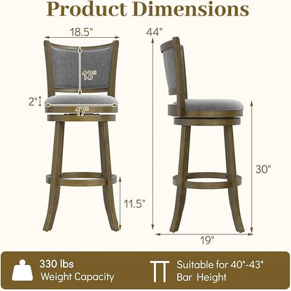 Giantex 30" Bar Height Stools Set of 2, Swivel Barstools with Rubber Wood Frame, Upholstered Seat & Footrest, Bar Chairs for Kitchen Island, Cafe, Pub
