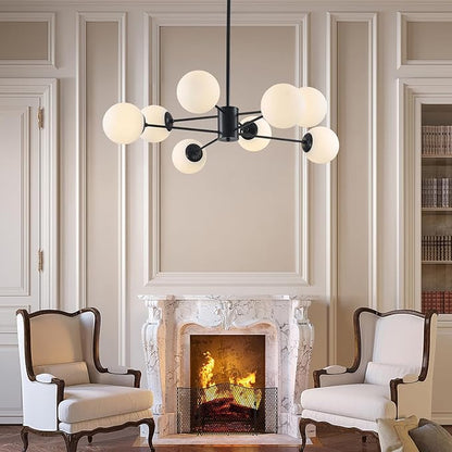 BOKT Modern 8-Lights Globe Sputnik Chandelier Mid Century Matte Black Chandelier Ceiling Mount Light Fixture with Milky White Glass Glass Lampshade for Dining Room Living Room
