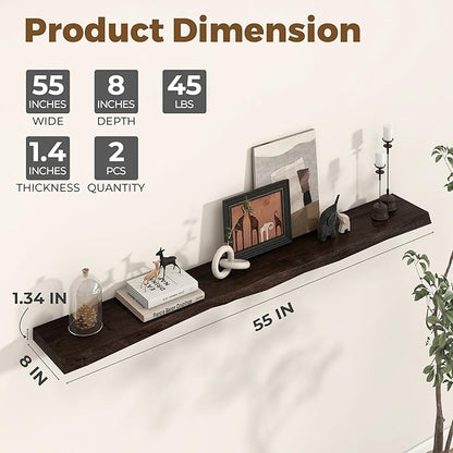 Axeman 55 inch Floating Shelves for Wall - 8'' D Live Edge Rustic Solid Elm Wood Floating Shelves Wall Mounted, Hanging Shelves with Invisible Bracket for Living Room Bedroom Kitchen, Walnut