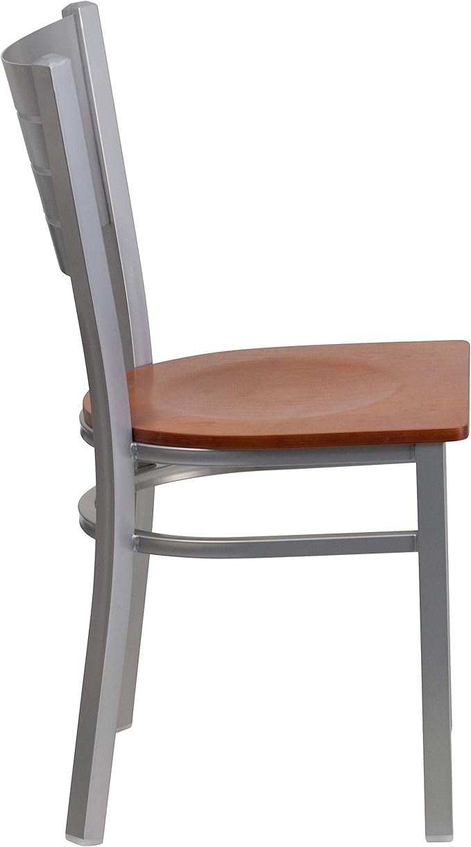 Flash Furniture 2 Pk. HERCULES Series Silver Slat Back Metal Restaurant Chair - Cherry Wood Seat