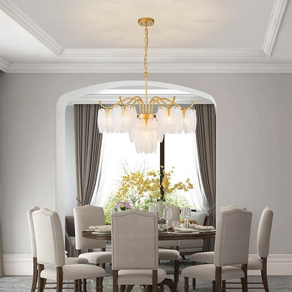 LumFurn D29inch Glass Chandelier, 7-Light Modern Pendant Light Fixture for Dining Room, Living Room, D29 x H27~72 inch Adjustable Height, Frosted Feather-Shaped Glass Shade & Brass Finish Frame