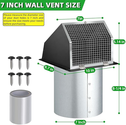 7Inch Wall Vent with Screen and Damper,Galvanized Steel Hooded Wall Vent Cover Cap Exhaust Vent Cover Outside,Exterior Vent Hood Outdoor for Kitchen Range Hood Laundry Dryer Bathroom Fan Duct Air Vent