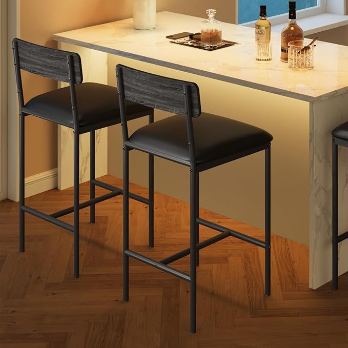 Bar Stools Set of 2, Kitchen Bar Stools with Footrest, Upholstered Bar Chairs with Back, 2 Counter Height Barstools for Counter Bar, Island