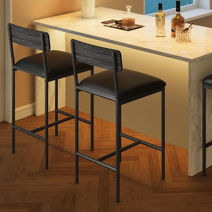 Bar Stools Set of 2, Kitchen Bar Stools with Footrest, Upholstered Bar Chairs with Back, 2 Counter Height Barstools for Counter Bar, Island