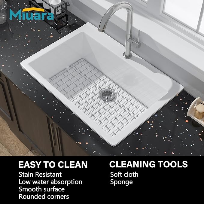 Miuara White Kitchen Sink Drop In 1 Hole 30"x22" - Small Topmount Fireclay Sink 30 Inch, Heavy Duay Deep Single Bowl, with 2 Custom Accessories, Glossy White, for Kitchen & Laundry