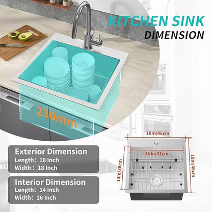 Kitchen Sink, Stainless Steel 18 x 18 Inch Drop In Bar Sink Top Mount Kitchen Sink Single Bowl Kitchen Sink Set - Sink Grid, Silicon Mat,Drain Assembly For Modern Kitchen Stylish and Functional