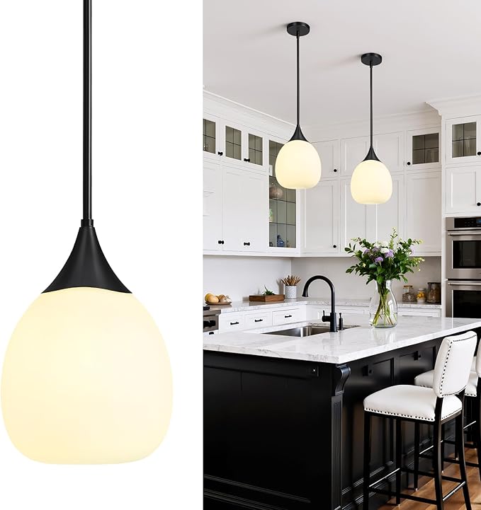 Kitchen Island Pendant Light: Mid Century Matte Black Hanging Light Fixtures with Frosted Glass Globe - 10 Inch Farmhouse Chandeliers Ceiling Lighting for Dining Room