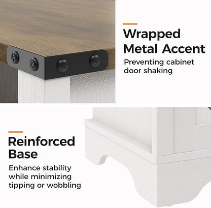 RoyalCraft 25" Tall Farmhouse Nightstand with Charging Station, White End Table with Storage, Large Wooden Rustic Bedside Table for Bedroom, White and Rustic Oak