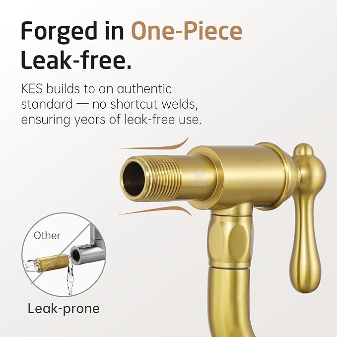 KES Upside Down Pot Filler Faucet with Heat-Resistant Cartridge, 26'' No Lead Vintage Pot Filler Faucet with Double Joint Swing Arm, Wall Mount, 18/8 Stainless Steel, Brushed Gold, KN928S24LF-BZ