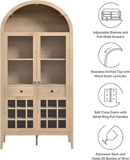 Modway Nolan Modern Farmhouse Arched Bar Cabinet in Light Oak Wood Grain - 72 Inch Tall Wine Storage Cabinet with Glass Doors and Wine Rack - Large Liquor Cabinet for Dining or Living Room
