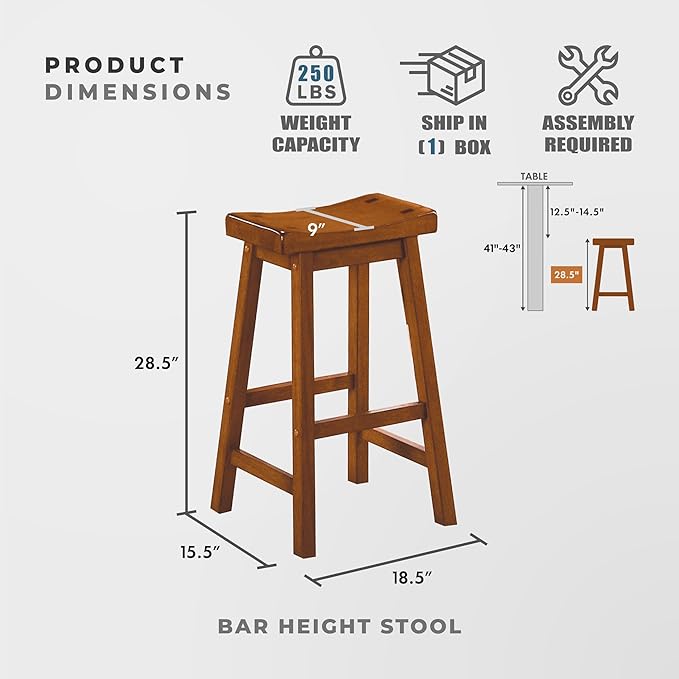 Lexicon Finnian Saddle Solid Wood Bar Height Bar Stool Set of 2 - Saddle Kitchen Stool Dining Height Stools for Dining, Armless Counter Chair Seating, Perfect Casual - 28.5" SH Oak