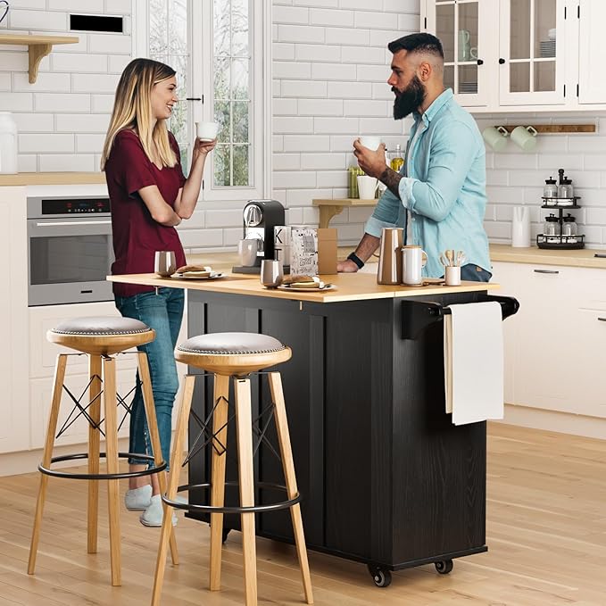 Rolling Kitchen Island Cart with Drop Leaf, Portable Kitchen Trolley with Storage Cabinet, Drawer, Shelf and Towel Bar, Breakfast Bar on Wheels for Home Use, Sleek Black