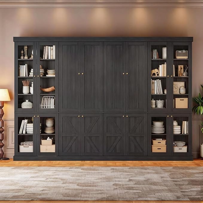 70.8" Tall Farmhouse Kitchen Pantry Cabinet with Glass Doors, Modular Storage Cabinet with 6-Tier Adjustable Shelves, Large Storage Cabinet for Kitchen or Living Room, Set of 4, Black