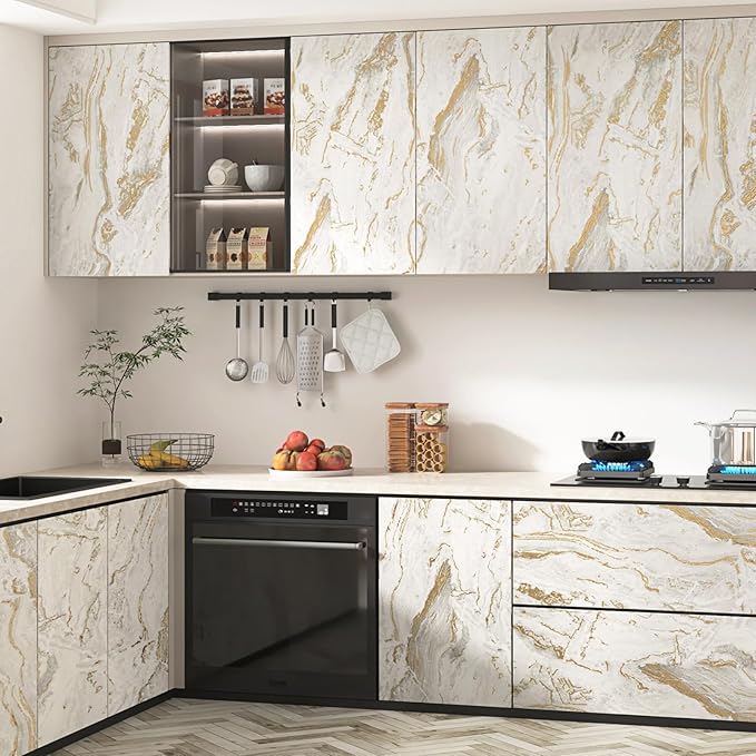 Wallercity Matt Beige Gold Marble Contact Paper for Countertops Self Adhesive Countertop Wall Paper for Kitchen Bathroom 24''x118'' Peel and Stick Marble Wallpaper Vinyl Waterproof Film for Cabinets