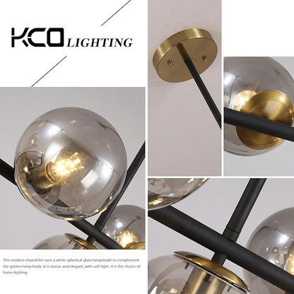 KCO Lighting Black and Gold Linear Kitchen Pendant Lighting Mid Century Modern Chandelier 7-Light Smoke Glass Globe Chandelier Vintage Dining Room Light Fixtures