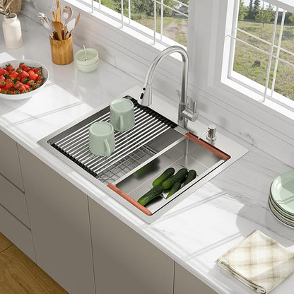 25 Drop In Kitchen Sink - Beslend 25x22 Kitchen Sink Drop In Workstation with Faucet, Stainless Steel Sinks and Soap Dispenser Topmount 16 Gauge Single Bowl Above Counter Dish Basin 9" Deep