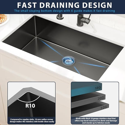 30 Inch Black Undermount Kitchen Sink Single Bowl 18 Guage Stainless Steel 30"x18"x9" Deep Under Counter Kitchen Sinks Basin R10 Round Corners Handmade Sink