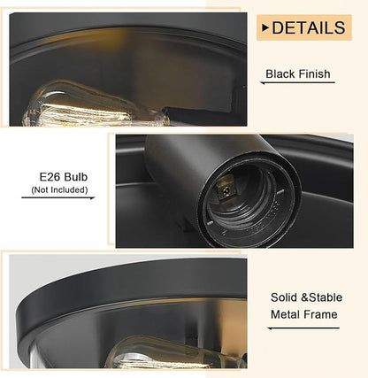 Flush Mount Ceiling Light with Clear Glass Shade, 2-Light Indoor Outdoor Farmhouse Lighting Flush Mount Lights for Kitchen Bedroom Porch Living Dining Room(Black)