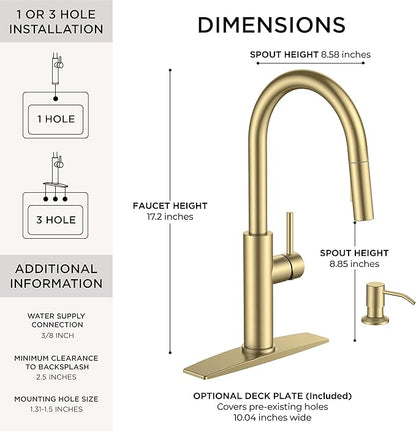 FORIOUS Kitchen Faucet with Soap Dispenser, Modern Brushed Gold, Single Handle High Arc Stainless Steel Kitchen Sink Faucet with Pull Down Sprayer, 1 or 3 Hole Deck Mount for RV, Laundry, Outdoor