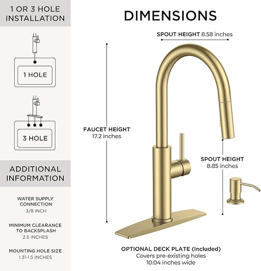 FORIOUS Kitchen Faucet with Soap Dispenser, Modern Brushed Gold, Single Handle High Arc Stainless Steel Kitchen Sink Faucet with Pull Down Sprayer, 1 or 3 Hole Deck Mount for RV, Laundry, Outdoor