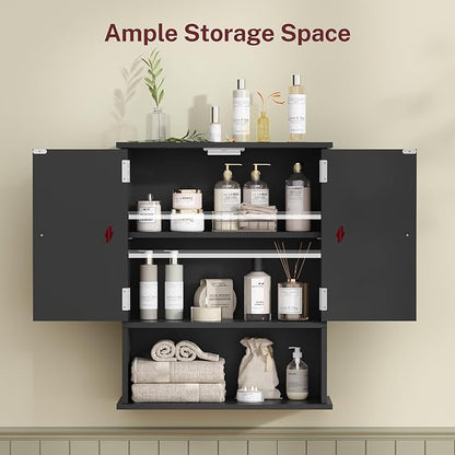 TEENFON Bathroom Wall Cabinet, Over The Toilet Space Saver Storage Cabinet with Barn Doors & Adjustable Shelf, Hanging Medicine Cabinet, Black UNGGX003HV1