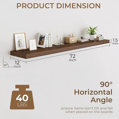 RICHFOCUS Deep Floating Shelves for Wall 2 Pack 12" D 36 Inch Wall Shelves for Room Wall|Wood Hanging Shelf with Invisible Brackets for Bathroom Bedroom Kitchen Laundry Room, Walnut