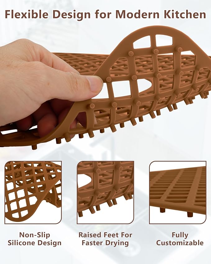 2 Pack Silicone Sink Protector for Kitchen Sink, Trellis Pattern 12 x 11" Sink Grid Mat Silicone Protectors, Center Drain, Coffee