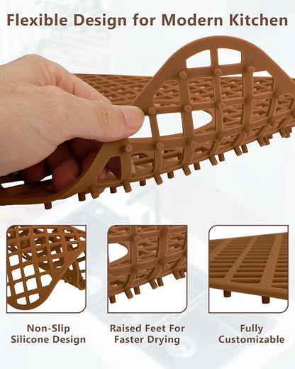 2 Pack Silicone Sink Protector for Kitchen Sink, Trellis Pattern 12 x 11" Sink Grid Mat Silicone Protectors, Center Drain, Coffee