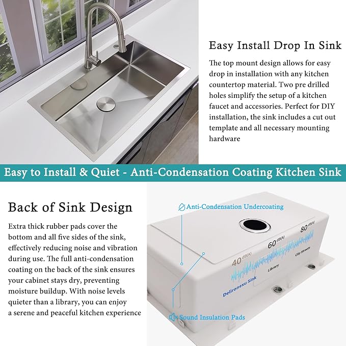 33x19 Drop in Kitchen Sink - Delironexu 16 Gauge Stainless Steel Sinks Top Mount, 33 Inch Drop in Kitchen Sink Single Bowl with 3 Accessories Package