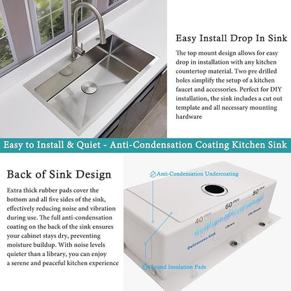 33x19 Drop in Kitchen Sink - Delironexu 16 Gauge Stainless Steel Sinks Top Mount, 33 Inch Drop in Kitchen Sink Single Bowl with 3 Accessories Package