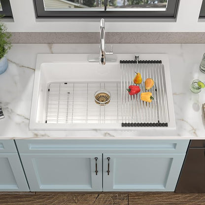 33"×22" Granite Composite Kitchen Sink - Drop-In Top Mount White Granite Quartz Classic Above Counter Single Bowl Sink Basin