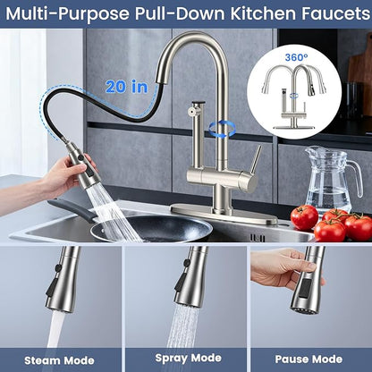 FEELSO Kitchen Faucets with Filtered, Stainless Steel Filter Kitchen Faucet with Pull Down Sprayer Reduces Lead, Chlorine, Bad Taste & Odor,High Arc Kitchen Sink Faucet 1 or 3 Hole for Farmhouse