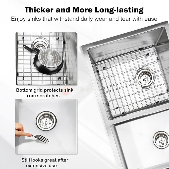 SANYCASA 33 Inch Double Bowl Kitchen Sinks with Quick Drain Slope - 11 Gauge (3mm) 304 Stainless Steel Undermount Kitchen Sink with Accessories