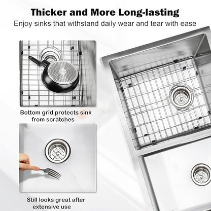 SANYCASA 33 Inch Double Bowl Kitchen Sinks with Quick Drain Slope - 11 Gauge (3mm) 304 Stainless Steel Undermount Kitchen Sink with Accessories