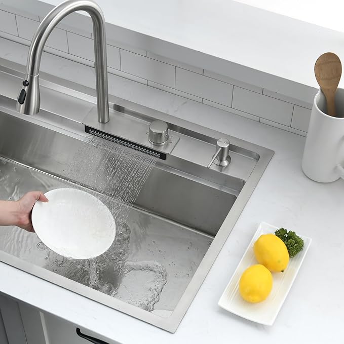 33 Inch Waterfall Drop In Kitchen Sink with Faucet Combo Workstation - VOKIM 33x22-Inch Drop In Sink Stainless Steel 16 Gauge Single Bowl Kitchen Sinks with Cutting Board