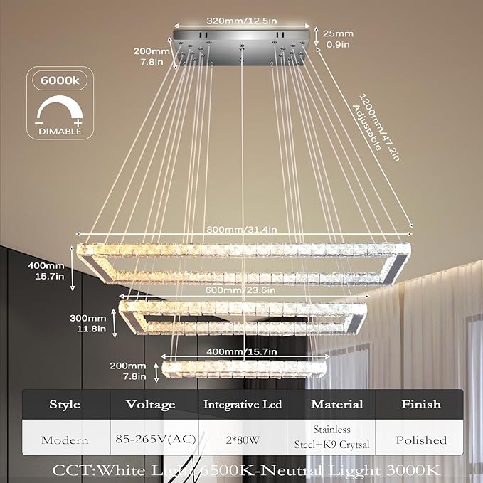 Finktonglan Dimmable Crystal Chandelier, Modern 3 Rectangular Ring LED Pendant Light with Remote & App Control, 31.4" Adjustable Hanging Height, 2500K-6500K, Kitchen Island Dining Room Stairwell Foyer