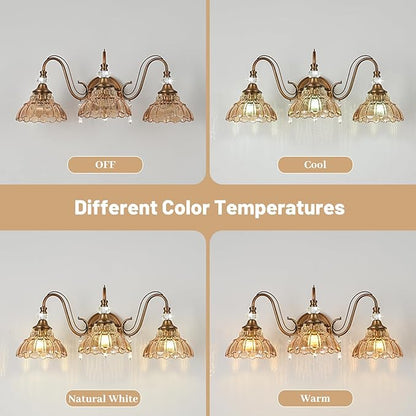 Vintage Bathroom Vanity Light, 3-Light Matte Antique Brass Finish Wall Sconce with Hanging Crystal Accents and Flower-Shaped Amber Glass Shades, Retro Wall Mount Vanity Light Over Mirror for Bathroom