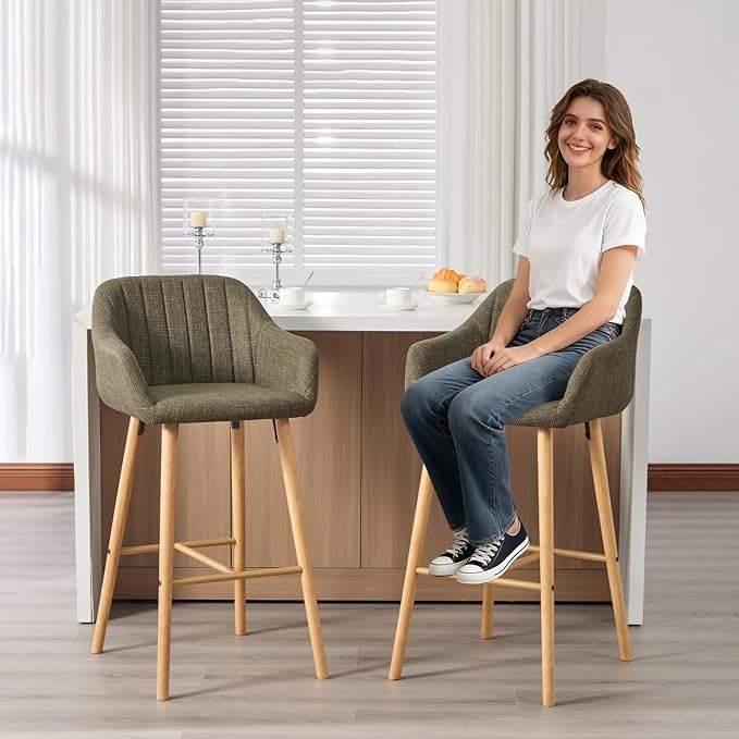 Modern Stools Set of 2, Kitchen Island Tall Chairs with Back, Arm, Footrest and Solid Wood Leg, Linen Fabric Upholstered Stools - Green