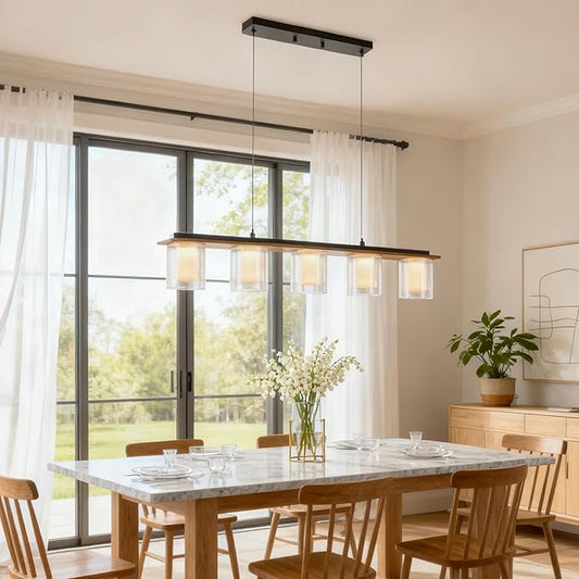 Kitchen Island Lighting, 35-Inch Linear Pendant Light with Double Glass Shades, Matte Black & Wood Grain Finish, 30W Integrated LED 3000K Modern Chandelier for Dining Room, Bar
