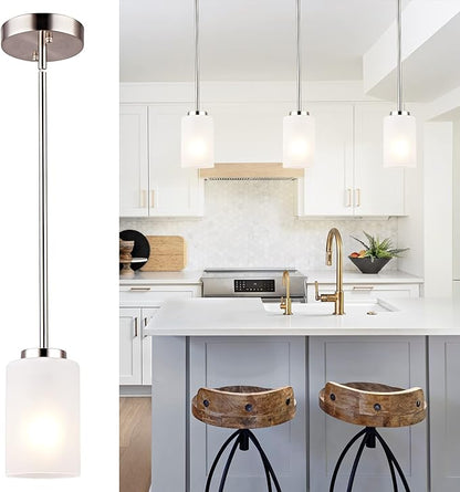 1-Light Mini Pendant Light Fixtures, Industrial Chandelier Hanging Ceiling Light with Opal White Shades, Adjustable Height, Brushed Nickel Pendant Lighting for Kitchen Bedroom Hallway, 2 Pack