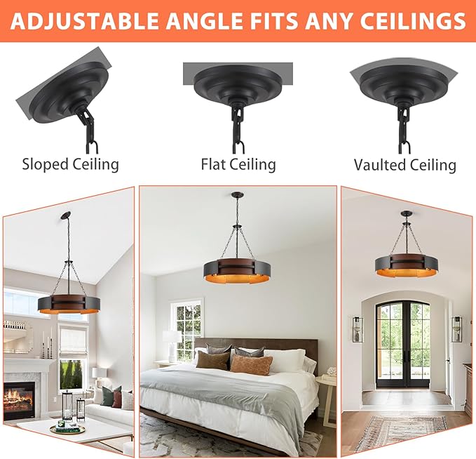 Modern Farmhouse Chandelier 26" Industrial Drum Pendant Lighting Fixture 5-Light Black Walnut Grain Finish for Dining Room Kitchen Island Office Living Room
