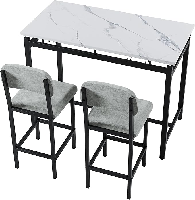 Modern Bar Height Table and Chairs Set - Compact Bar Table and Chairs for 2, Perfect as Small Kitchen Table, Kitchen Island with Seating, or Dining Table with Chairs (Gray)