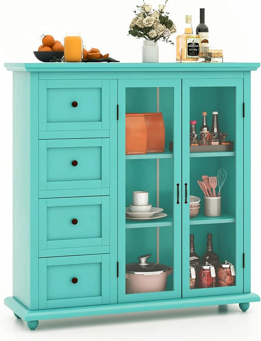 Giantex Buffet Sideboard with Storage - Kitchen Pantry Cabinet with 2 Doors, 4 Drawers, Adjustable Shelf, Freestanding Cupboard Credenza for Kitchen Living Room (Green)