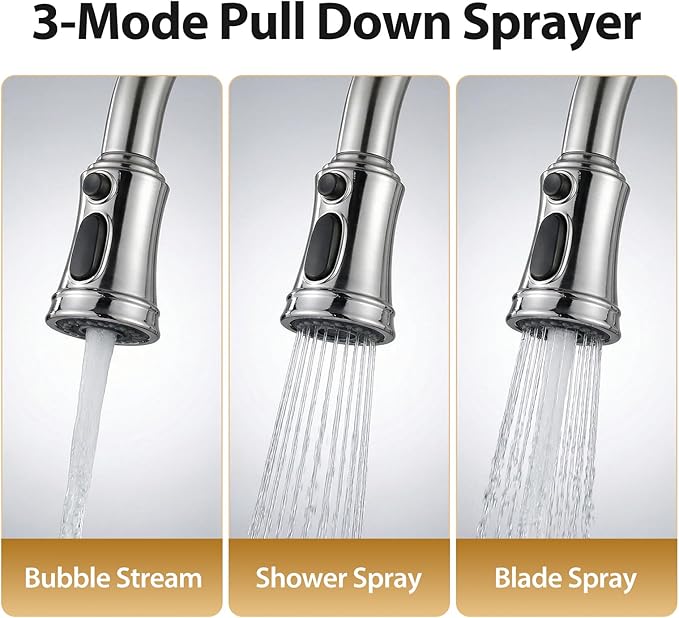 Brushed Nickel Kitchen Faucet with Pull Down Sprayer, Vintage 3 Mode Sprayer Kitchen Sink Faucet for Praticial Use, Antique Farmhouse Style, Deck Mount