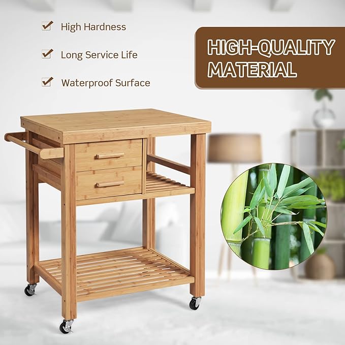 HAPPYGRILL Kitchen Island with Storage, Rolling Kitchen Cart with Shelves and Drawers, Multi-Purpose Bamboo Utility Cart Serving Cart on Lockable Wheels with Towel Rack