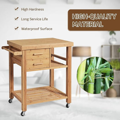 HAPPYGRILL Kitchen Island with Storage, Rolling Kitchen Cart with Shelves and Drawers, Multi-Purpose Bamboo Utility Cart Serving Cart on Lockable Wheels with Towel Rack