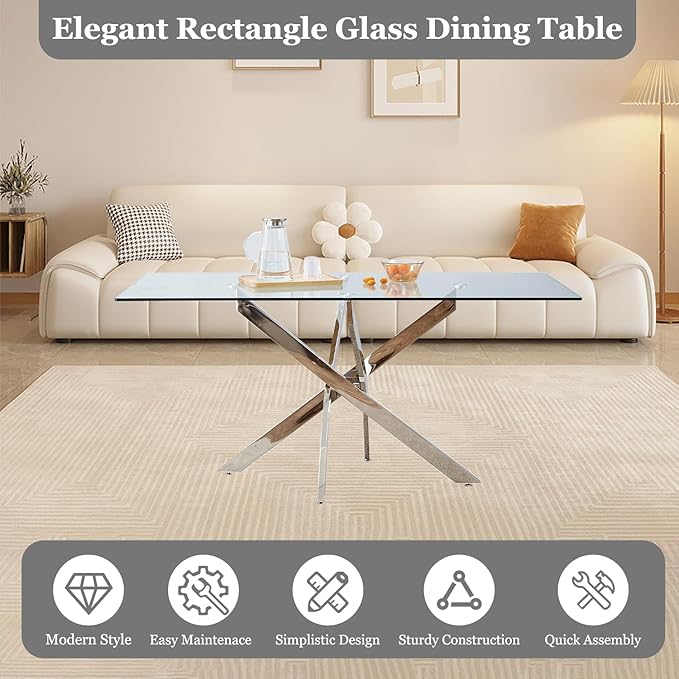 63" Modern Rectangular Glass Dining Table for 4-6, Contemporary Dining Room Table with Tempered Glass Top & Silver Finish Stainless Steel Legs for Kitchen, Home, Dining Room